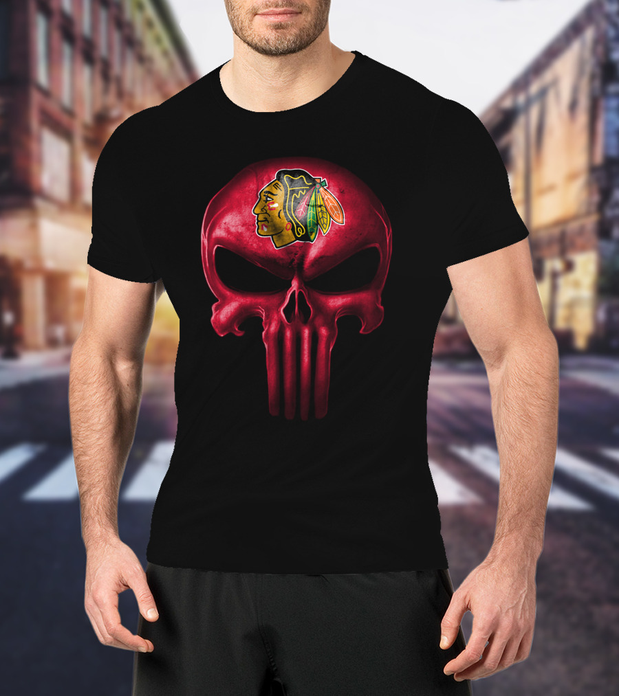 Chicago Blackhawks Punisher Style Skull T-Shirt