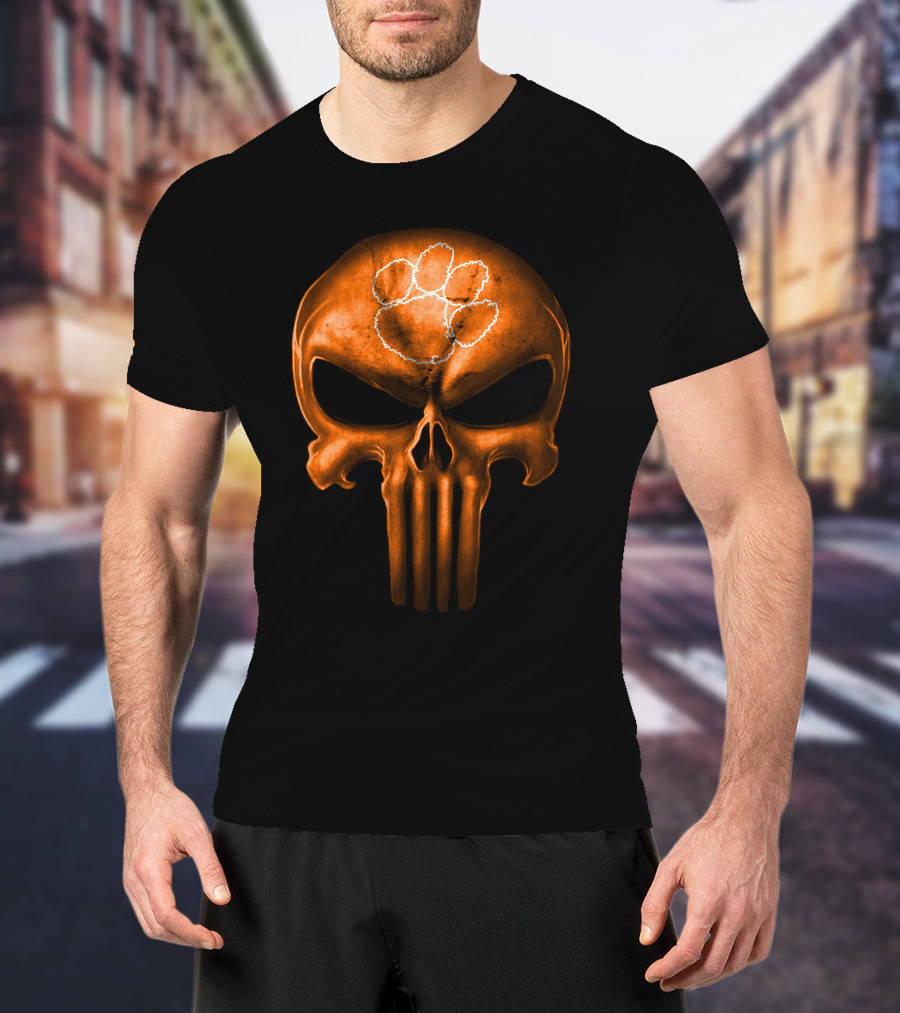 Clemson Tigers Skull With Orange Punisher Style And Paw T-Shirt
