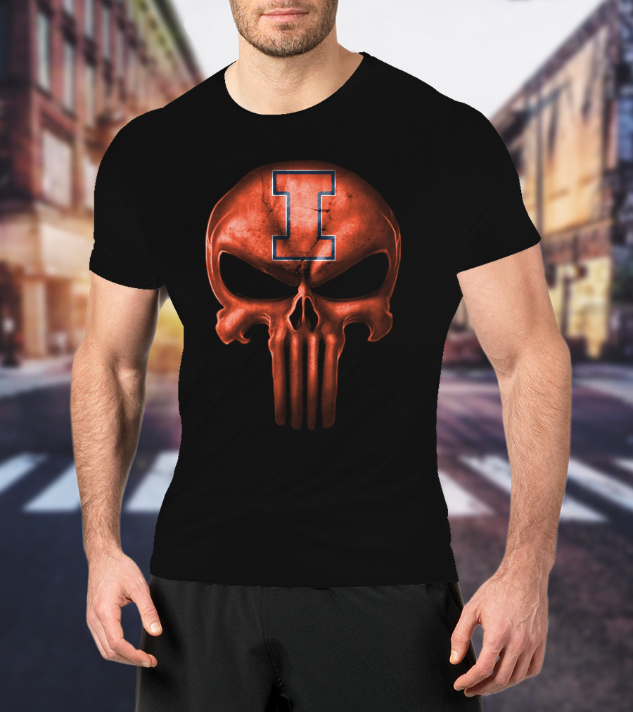 Illinois Fighting Illini Skull Icon With Blue I T-Shirt