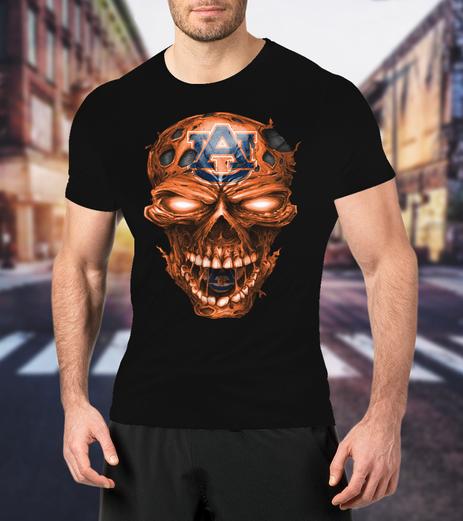 Auburn Tigers Skull With Auburn Logo And Fiery Eyes T-Shirt