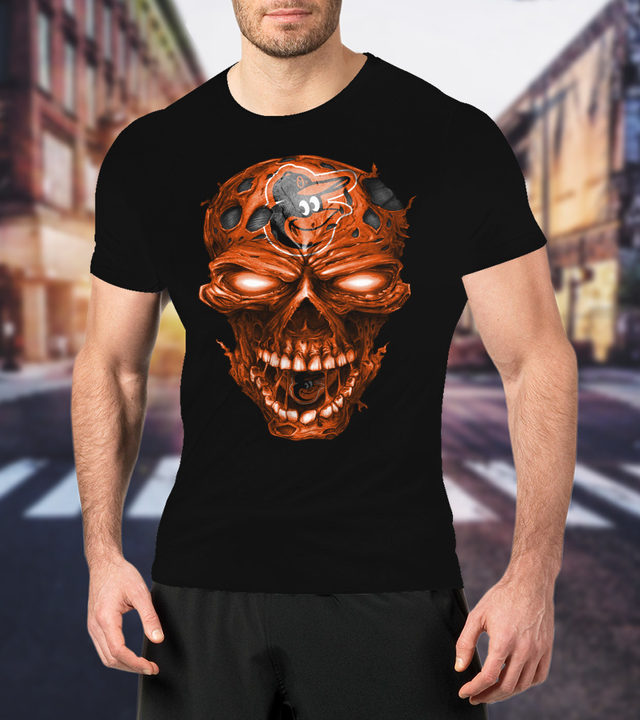 Baltimore Orioles Logo On Orange Skull T-Shirt