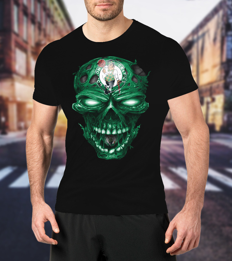 Boston Celtics Skull With Team Logo And Green Fire Eyes T-Shirt