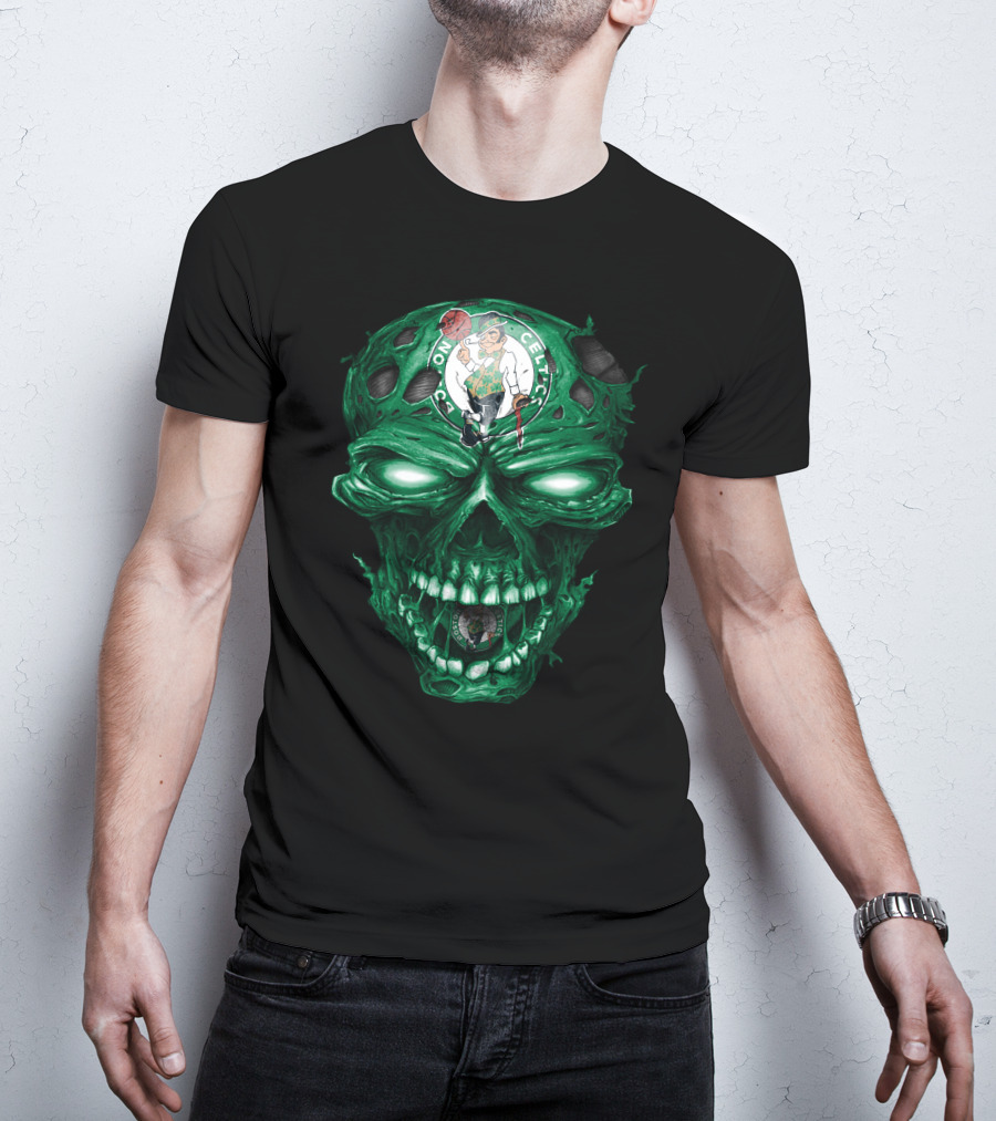 Boston Celtics Skull With Team Logo And Green Fire Eyes T-Shirt