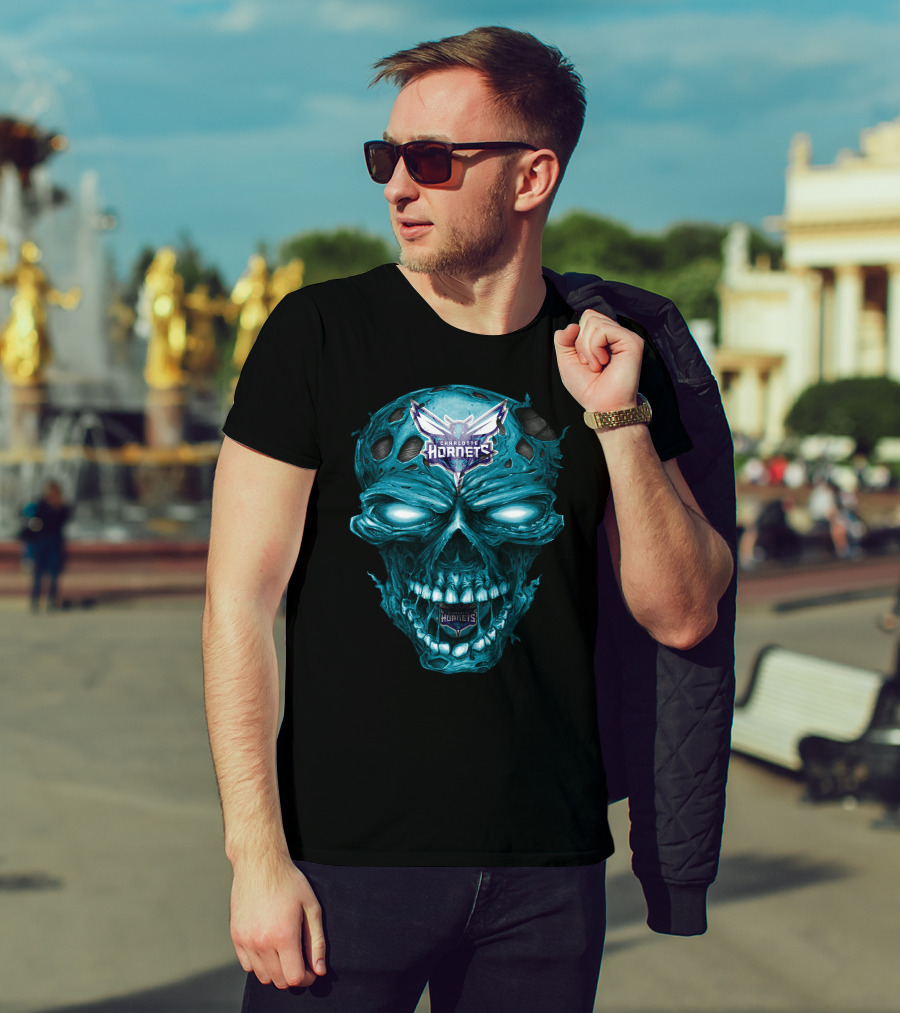 Charlotte Hornets Skull Logo Creepy Blue T-Shirt