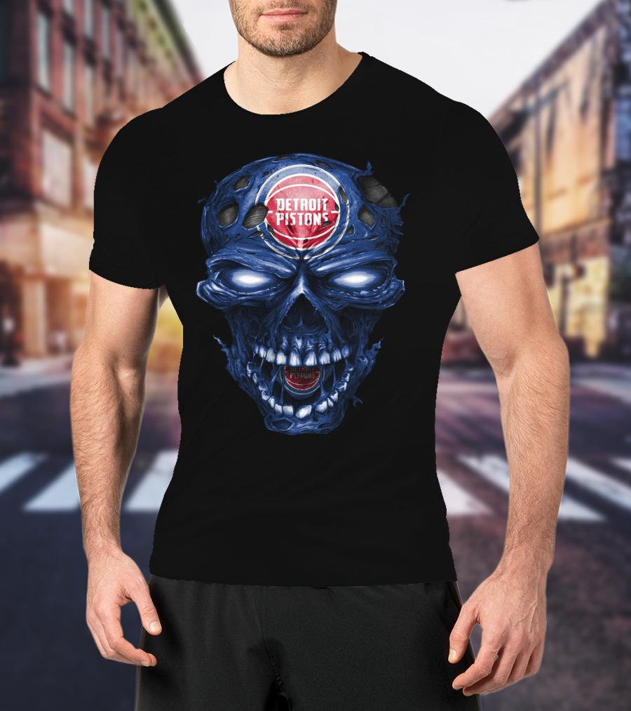 Detroit Pistons Skull Grunge Blue Basketball T-Shirt