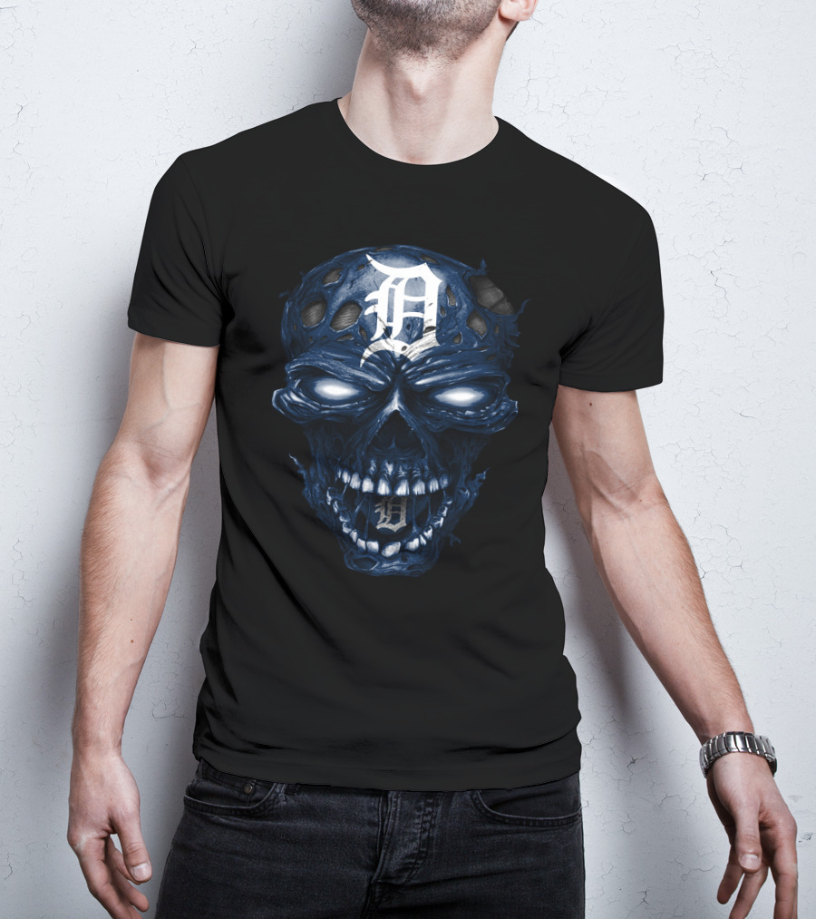 Detroit Tigers Skull Dark Blue White Logo Fusion T-Shirt