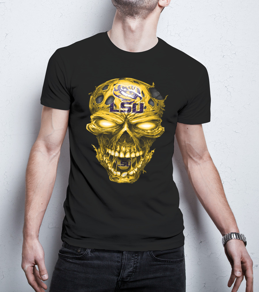 Lsu Tigers Skull Graphic With Logo And Fierce Glowing Eyes T-Shirt