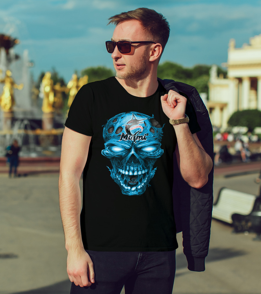 Miami Marlins Skull Blue Baseball T-Shirt