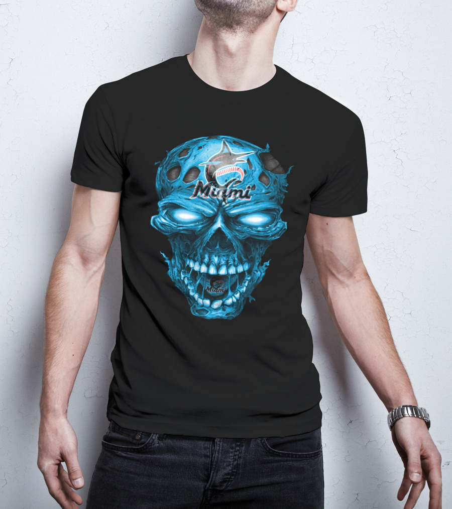 Miami Marlins Skull Blue Baseball T-Shirt
