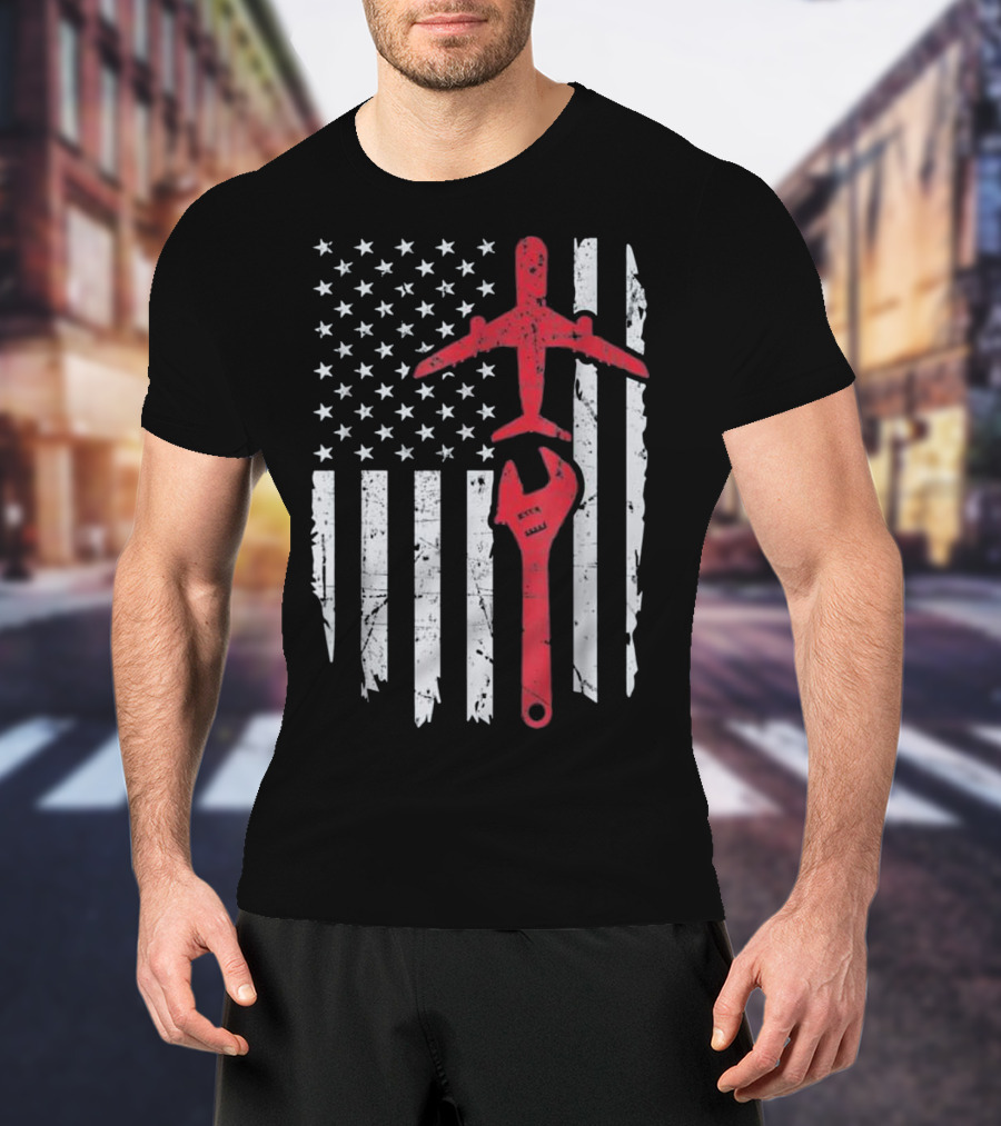 American Flag Airplane Mechanic Aviation Technician Wrench T-Shirt