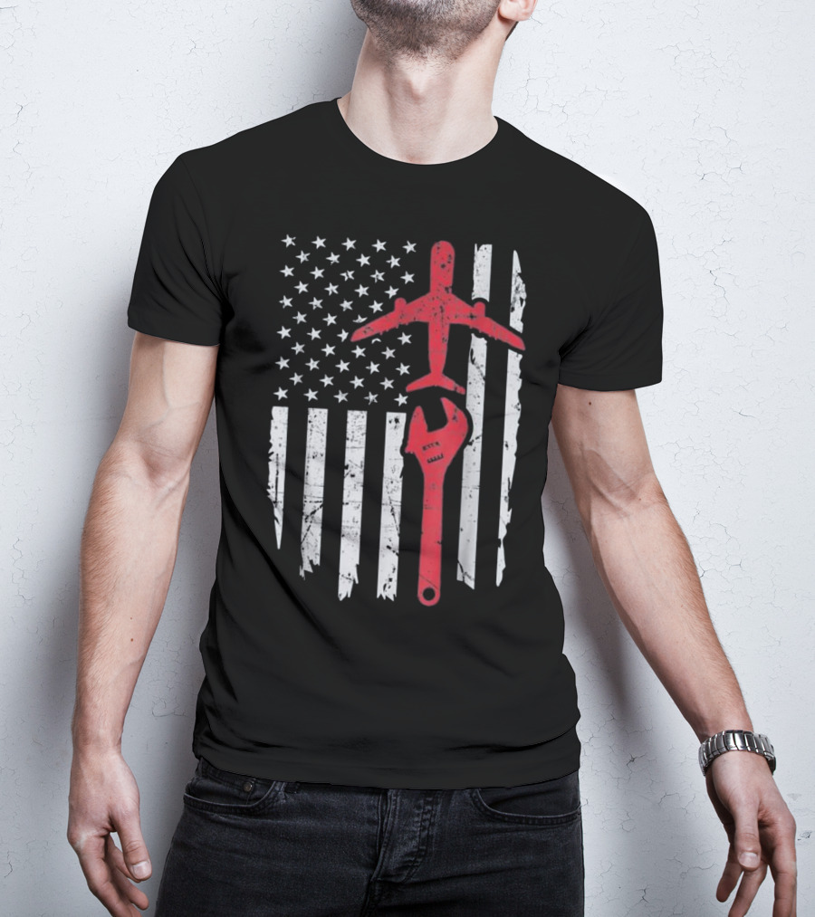 American Flag Airplane Mechanic Aviation Technician Wrench T-Shirt