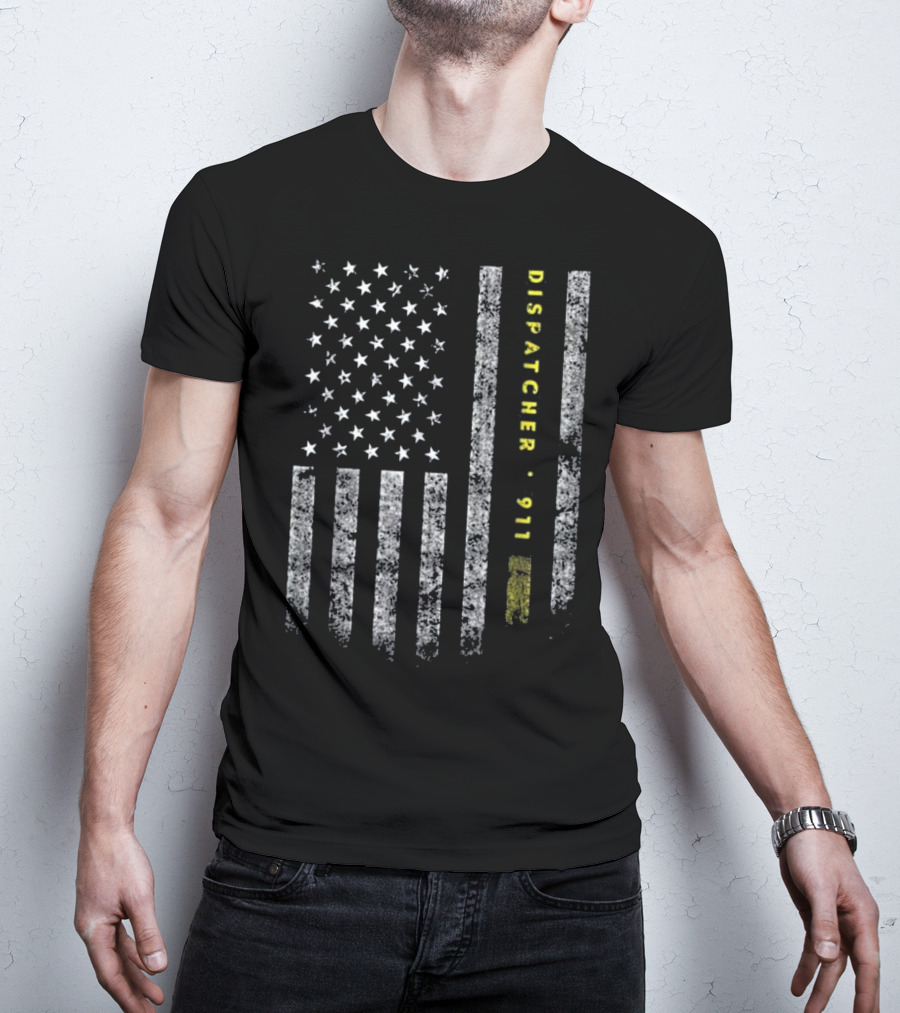 American Flag Dispatcher 911 Gold Line T-Shirt