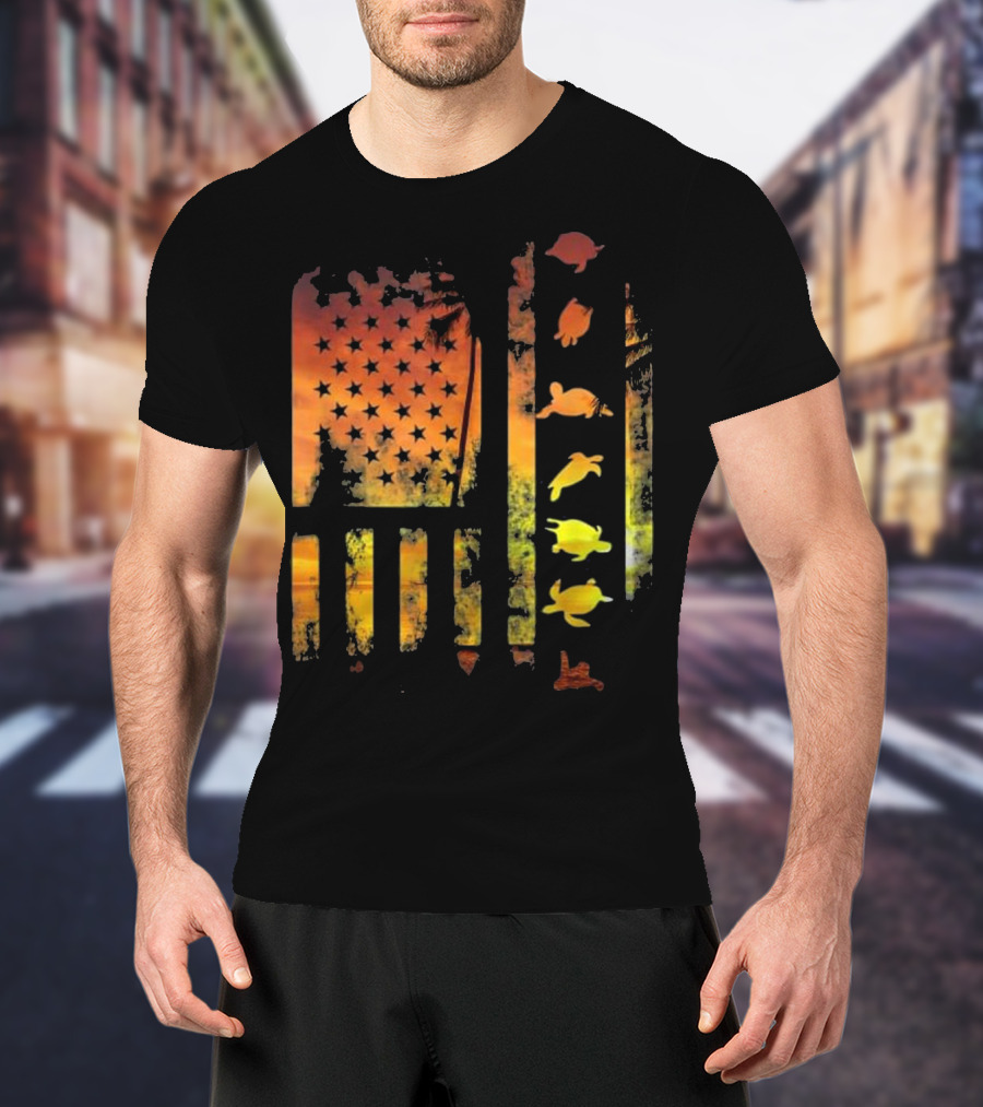 American Flag Sunset Sea Turtle T-Shirt