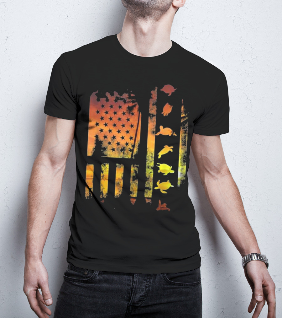 American Flag Sunset Sea Turtle T-Shirt