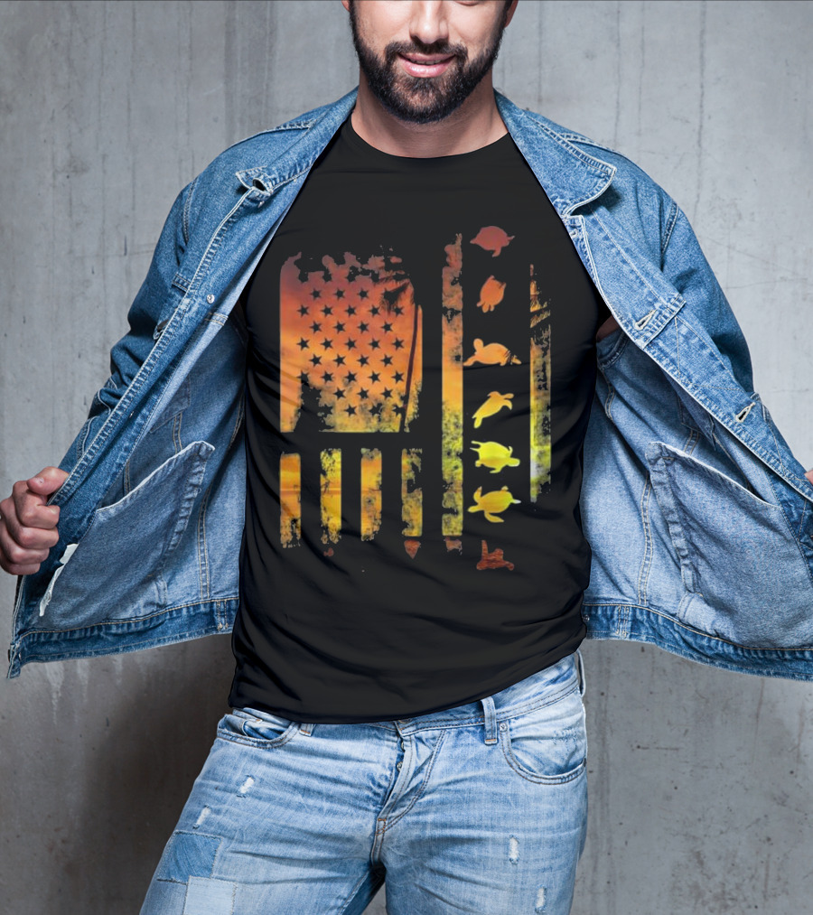 American Flag Sunset Sea Turtle T-Shirt