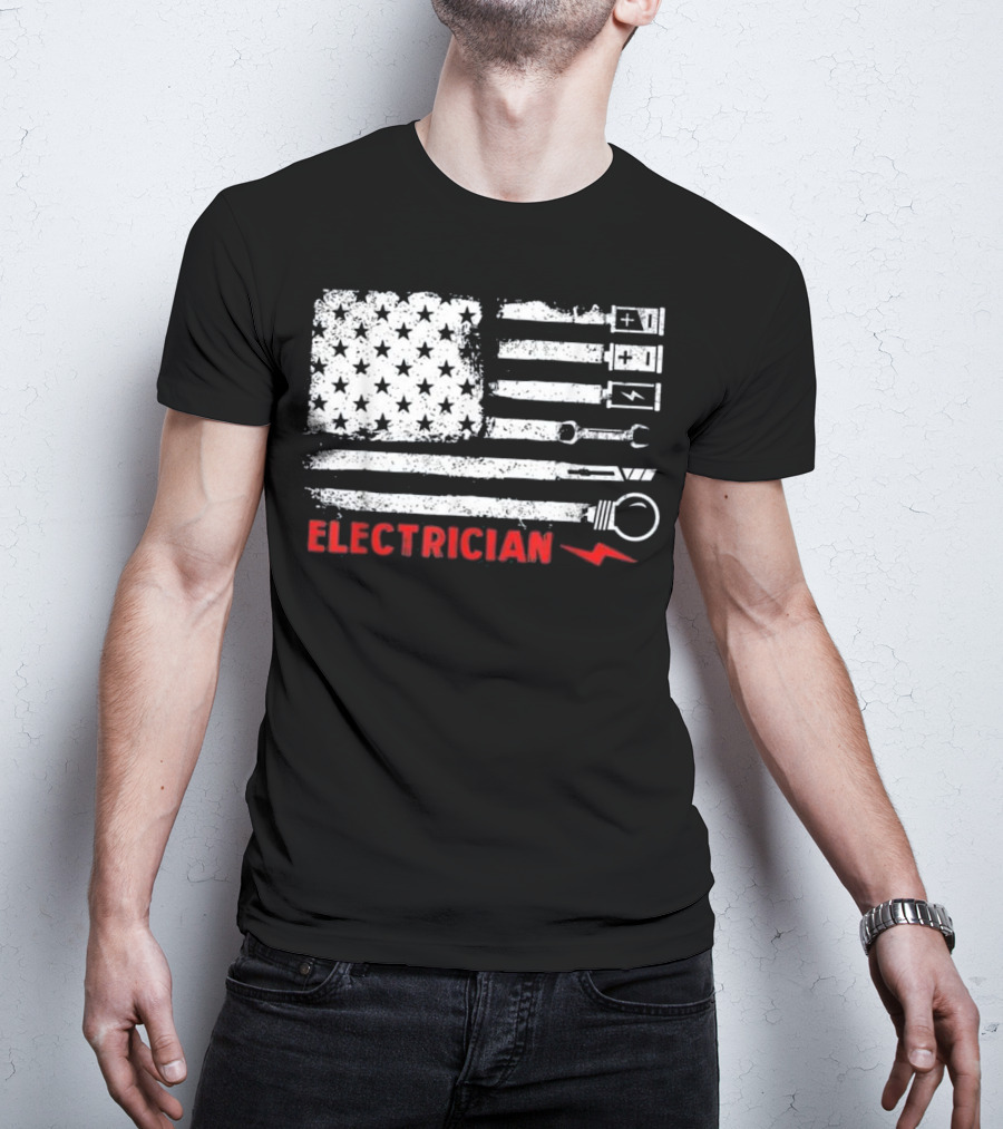 American Flag Electrician Wrench Bolt Battery Stars Stripe Icons T-Shirt