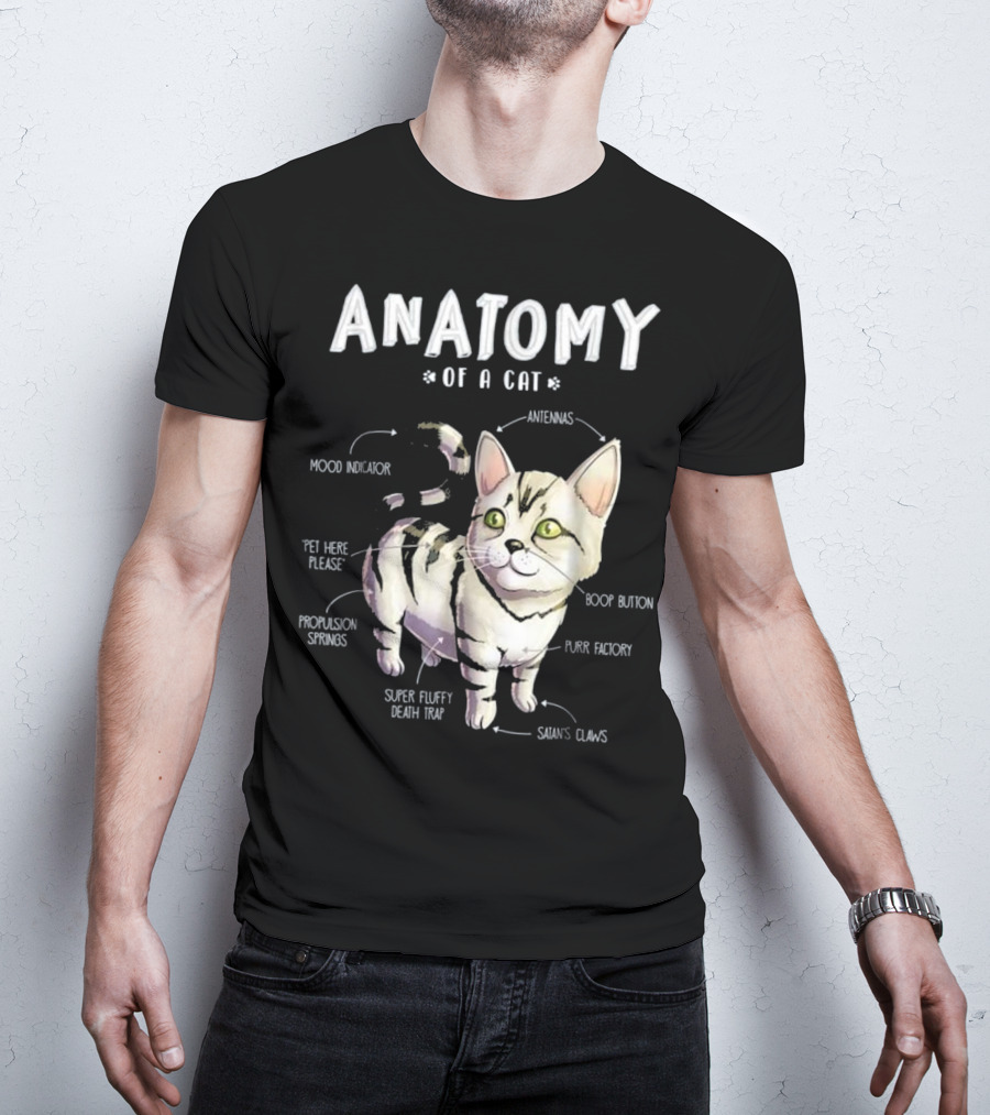 Anatomy Of A Cat Cute Funny Mood Indicator Purr Factory Boop Button Super Fluffy Death Trap T-Shirt