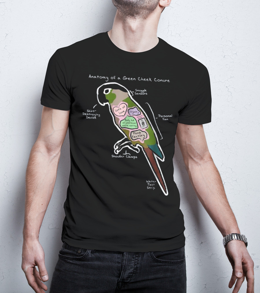 Anatomy Of A Green Cheek Conure Shirt-Destroying Device Snuggle Sensors Shoulder Clamps Poop Factory Personal Fan T-Shirt