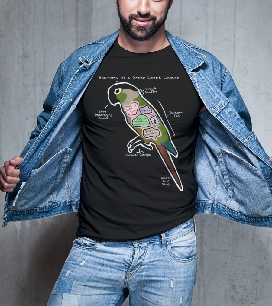 Anatomy Of A Green Cheek Conure Shirt-Destroying Device Snuggle Sensors Shoulder Clamps Poop Factory Personal Fan T-Shirt
