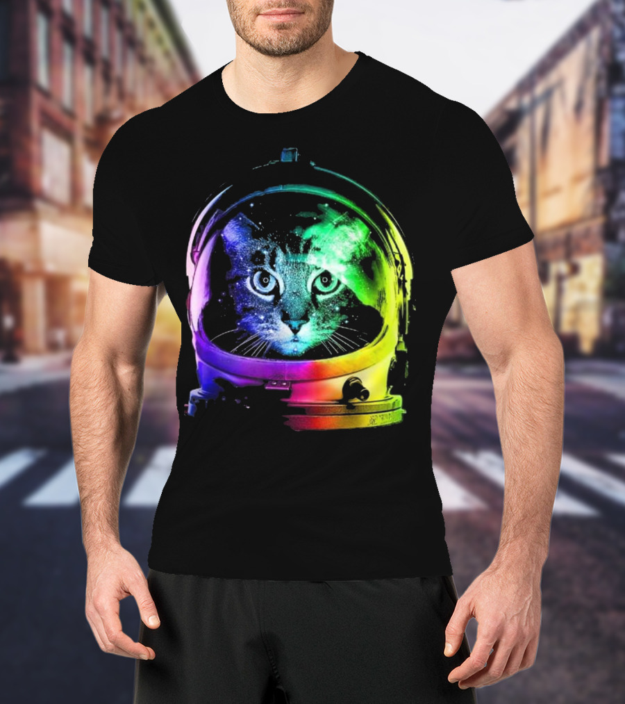Space Cat In Astronaut Helmet With Cosmic Rainbow Colors T-Shirt