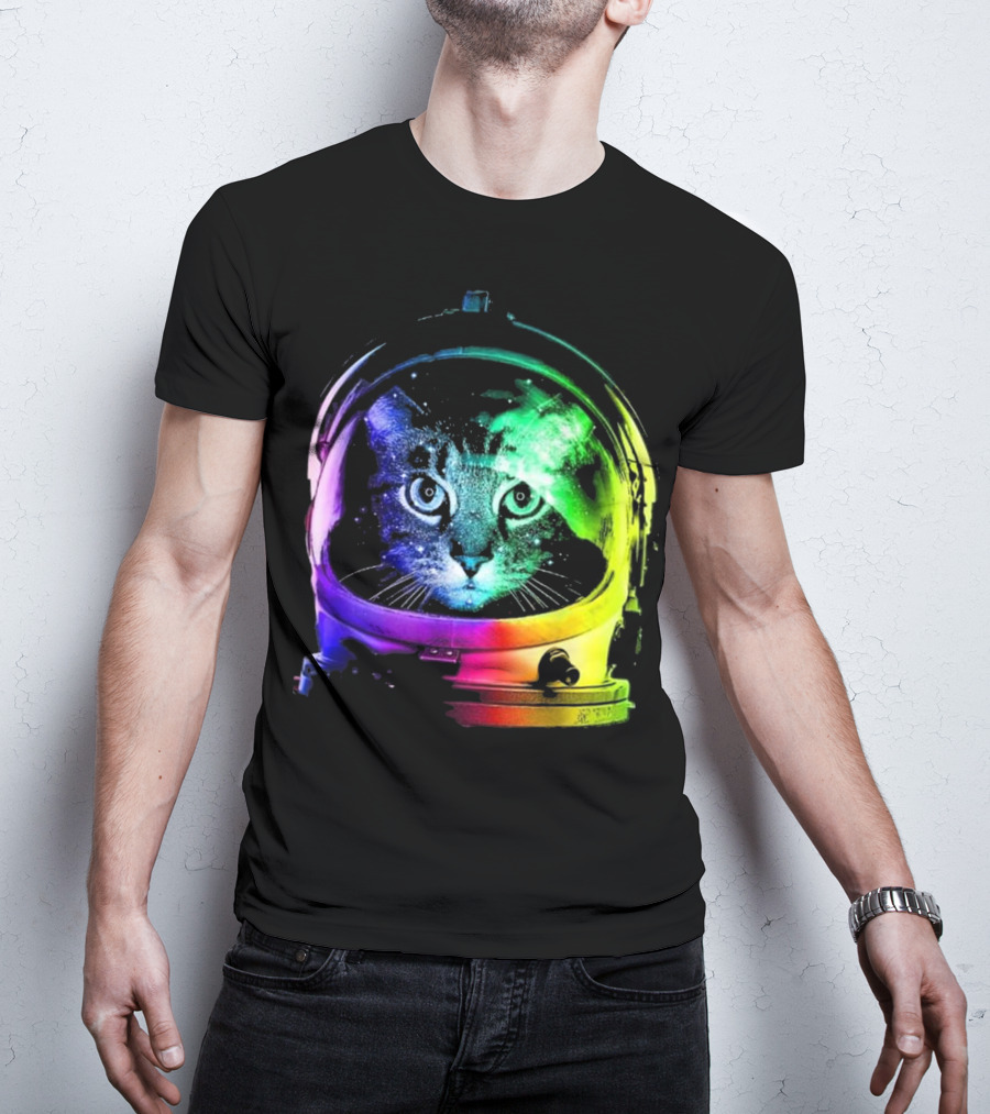 Space Cat In Astronaut Helmet With Cosmic Rainbow Colors T-Shirt