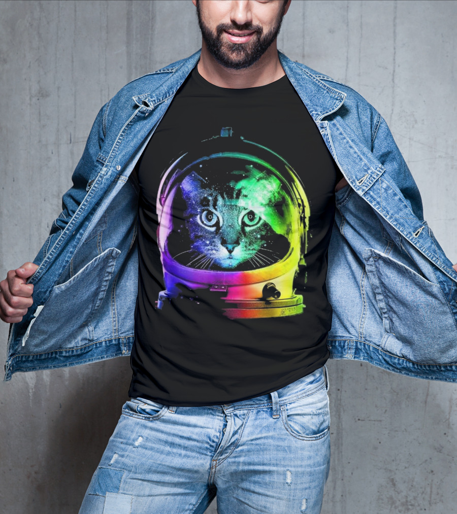 Space Cat In Astronaut Helmet With Cosmic Rainbow Colors T-Shirt