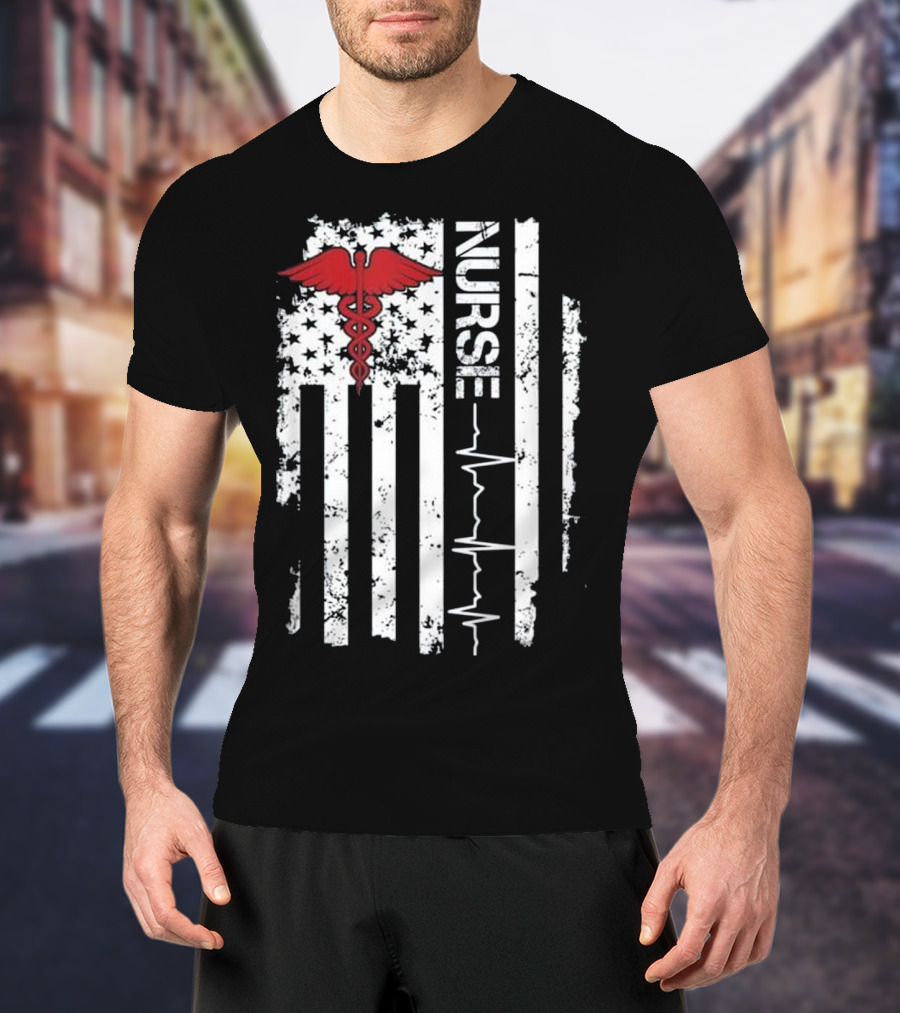 Nurse Caduceus Heartbeat American Flag Stars Stripes T-Shirt
