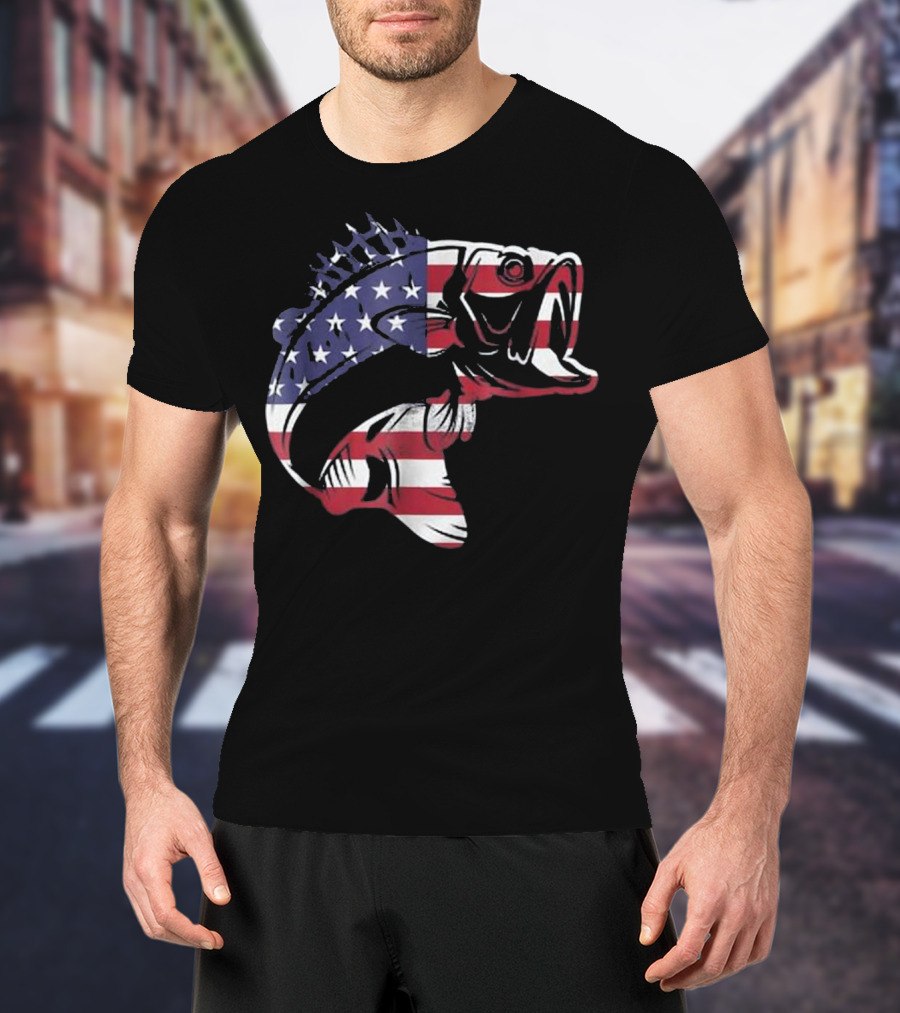 Bass Fishing American Flag Patriotic Bass Fisherman T-Shirt
