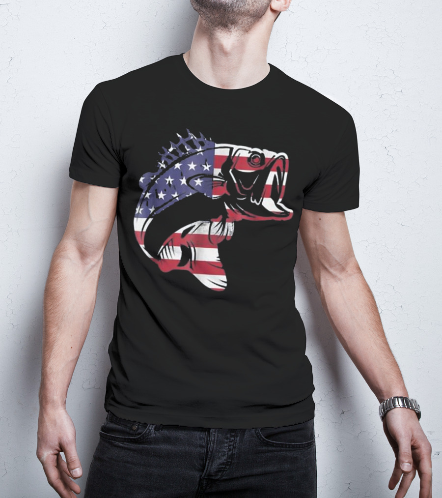 Bass Fishing American Flag Patriotic Bass Fisherman T-Shirt