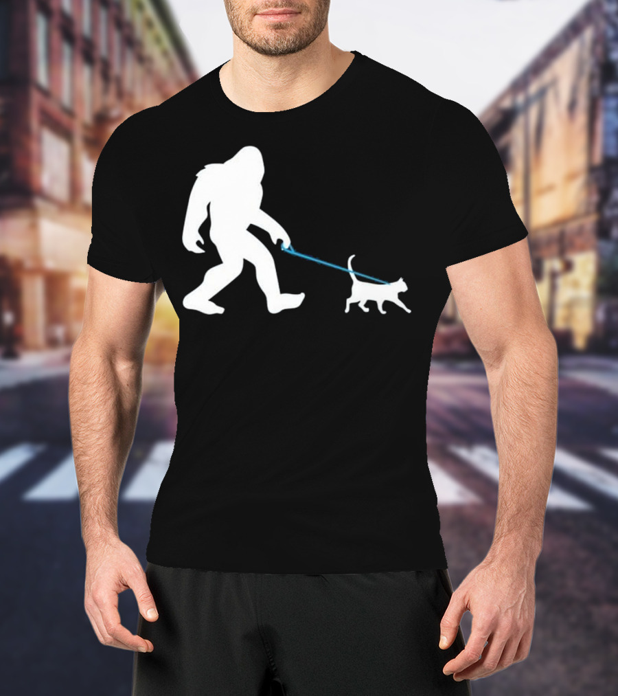 Bigfoot Walking Cat Funny Cute Sasquatch Silhouette Leash T-Shirt