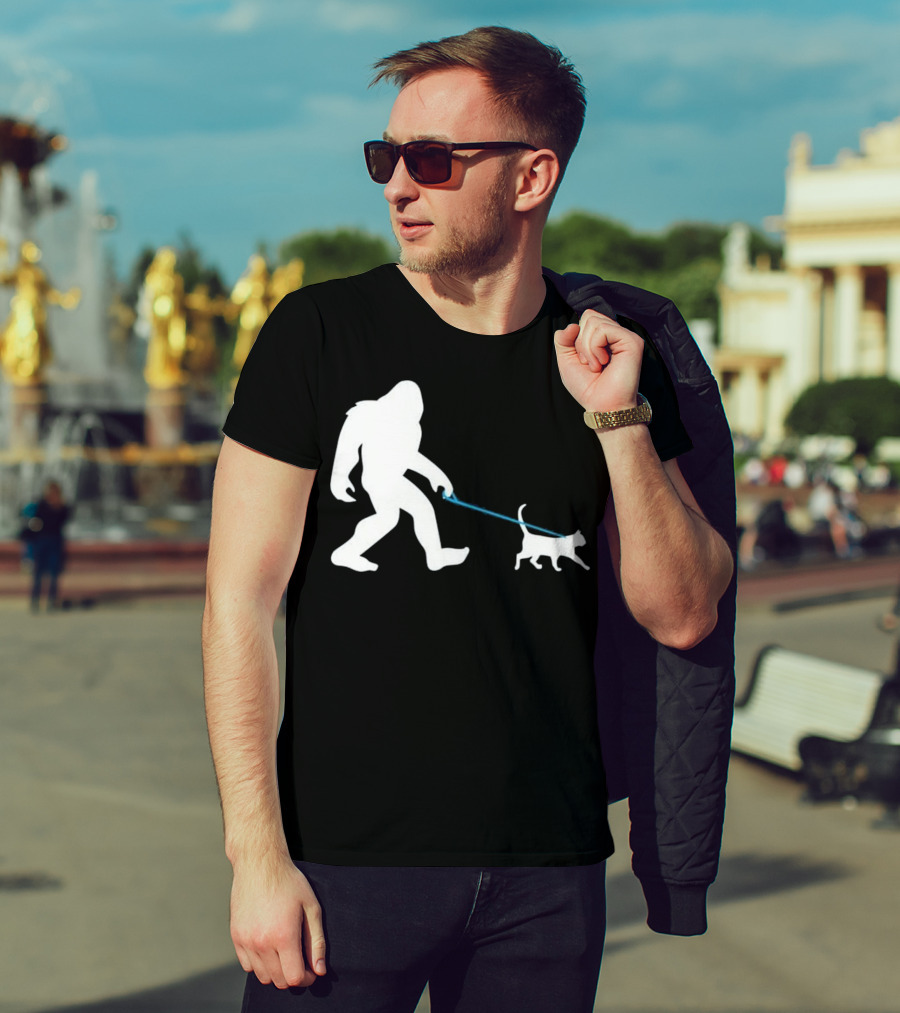 Bigfoot Walking Cat Funny Cute Sasquatch Silhouette Leash T-Shirt