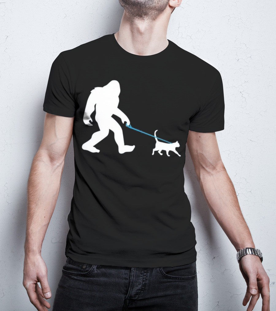 Bigfoot Walking Cat Funny Cute Sasquatch Silhouette Leash T-Shirt