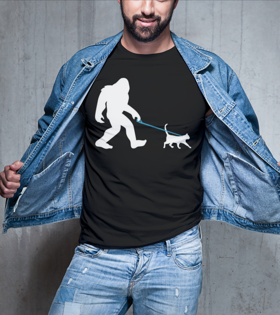 Bigfoot Walking Cat Funny Cute Sasquatch Silhouette Leash T-Shirt