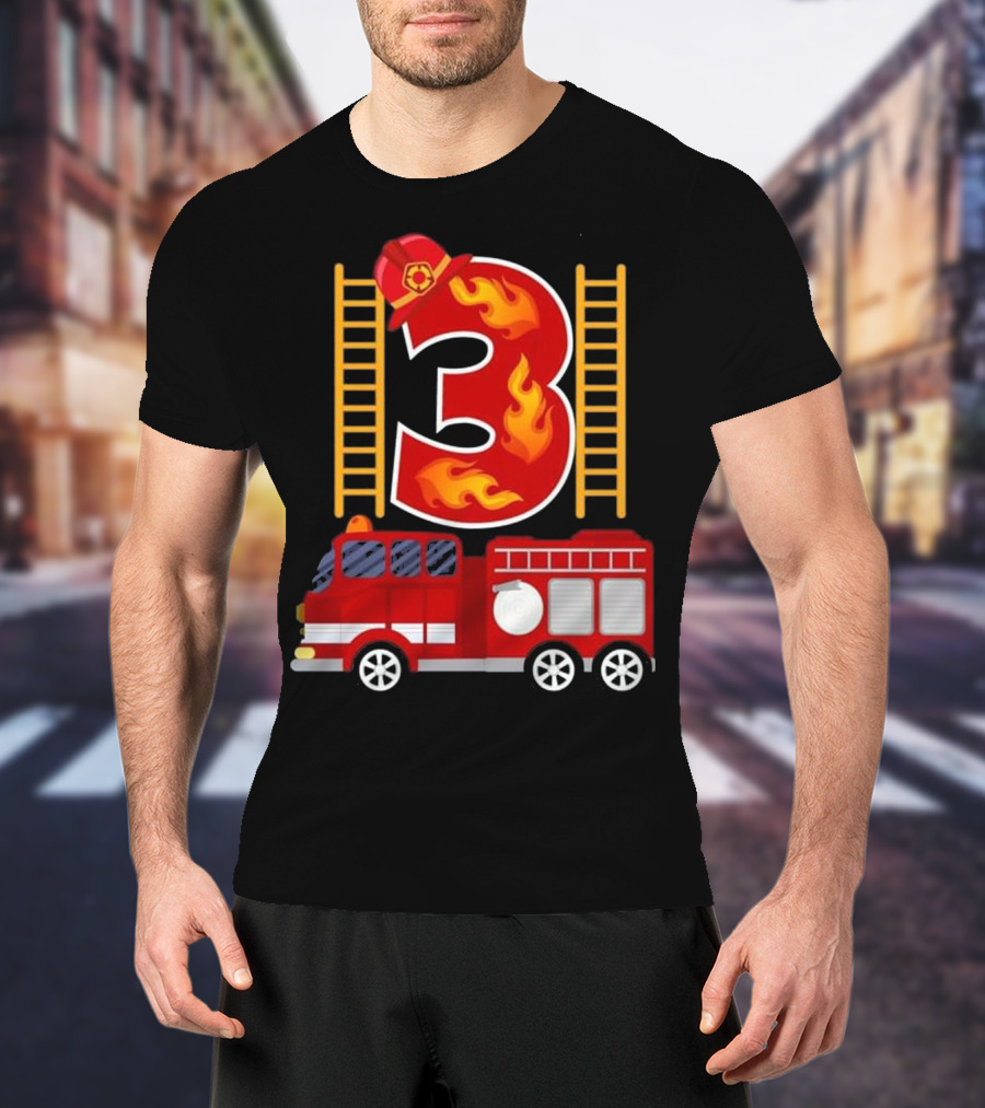 Birthday Firefighter Number 3 Fire Truck Flames Hat Ladder T-Shirt
