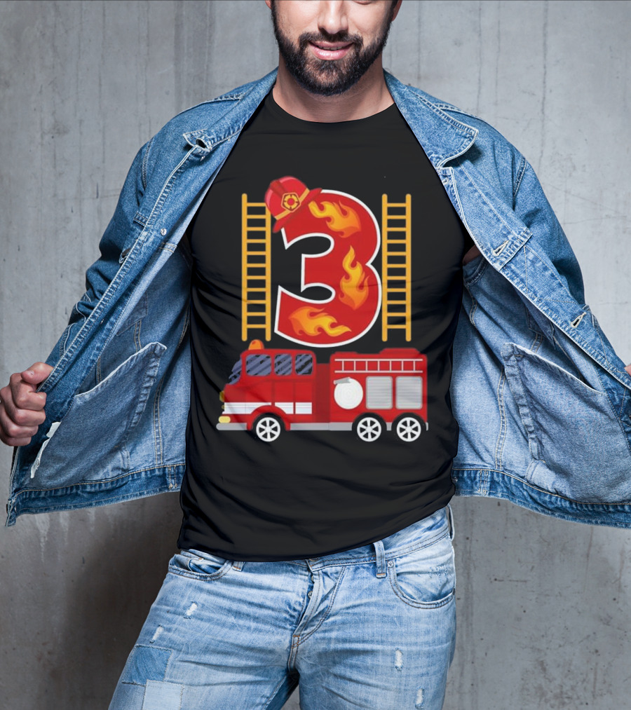 Birthday Firefighter Number 3 Fire Truck Flames Hat Ladder T-Shirt