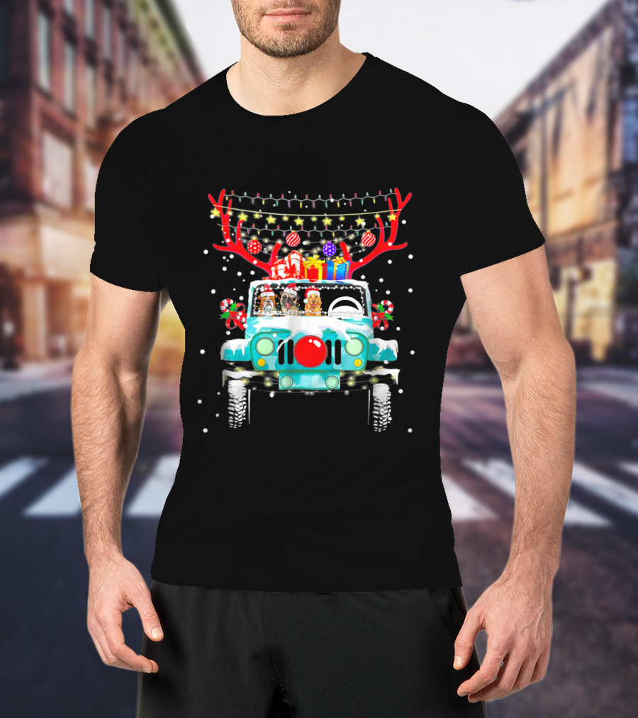 Christmas Jeep Reindeer Antlers Lights And Gifts T-Shirt