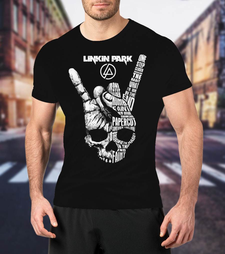 Linkin Park Lyrics Skull Hand Sign With Songs Faint In The End Crawling One Step Closer T-Shirt