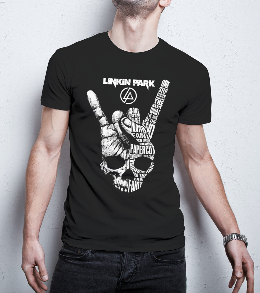 Linkin Park Lyrics Skull Hand Sign With Songs Faint In The End Crawling One Step Closer T-Shirt