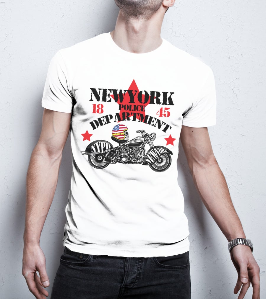 NEWYORK Police Department 1845 NYPD Motorcycle Skull Helmet Stars T-Shirt