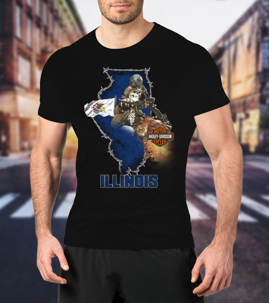 Illinois Harley Davidson Motorcycles Skeleton Rider Barbed Wire Flag T-Shirt