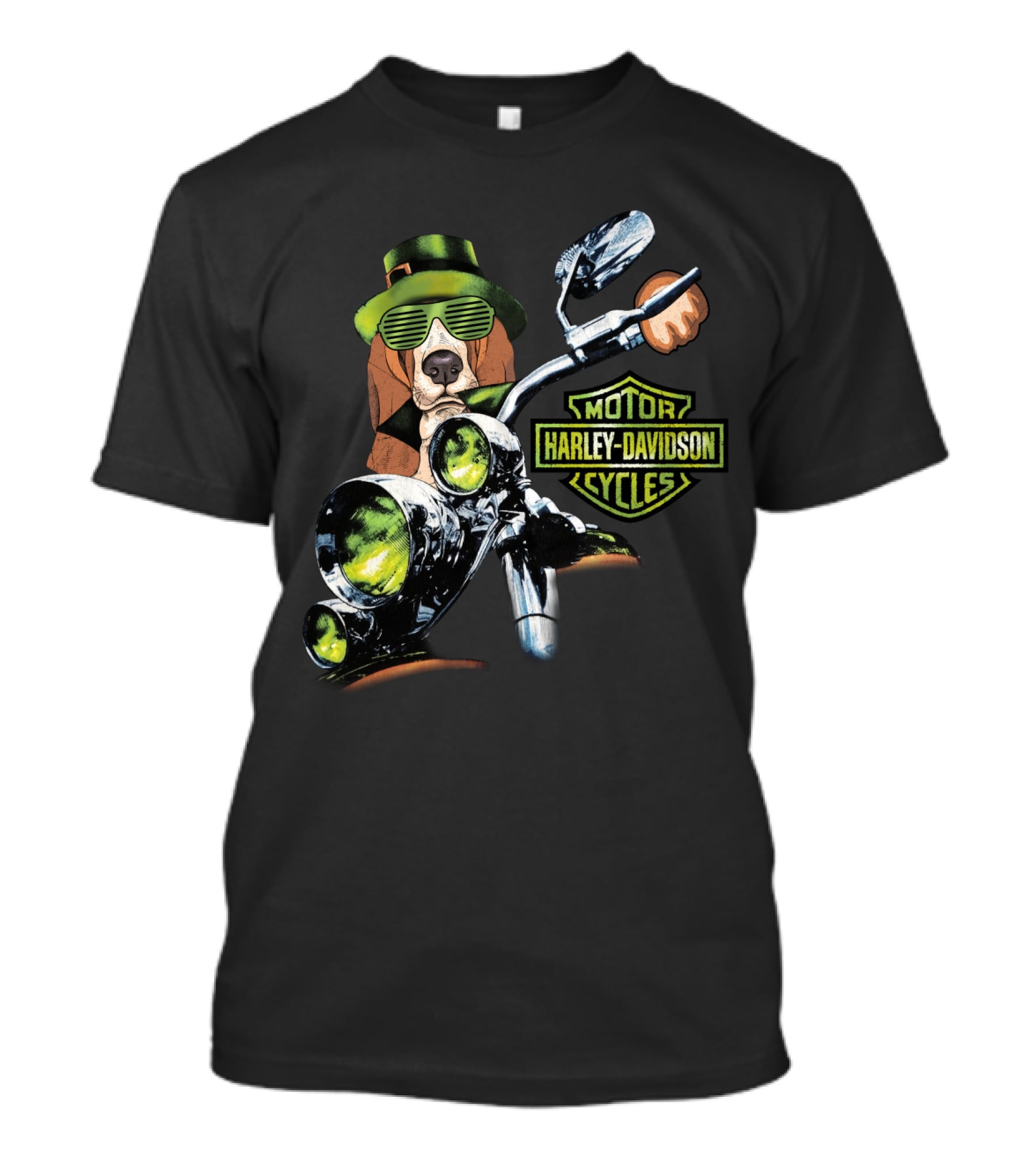 Basset Hound Harley Davidson Motorcycles Green Hat And Glasses Biker T-Shirt