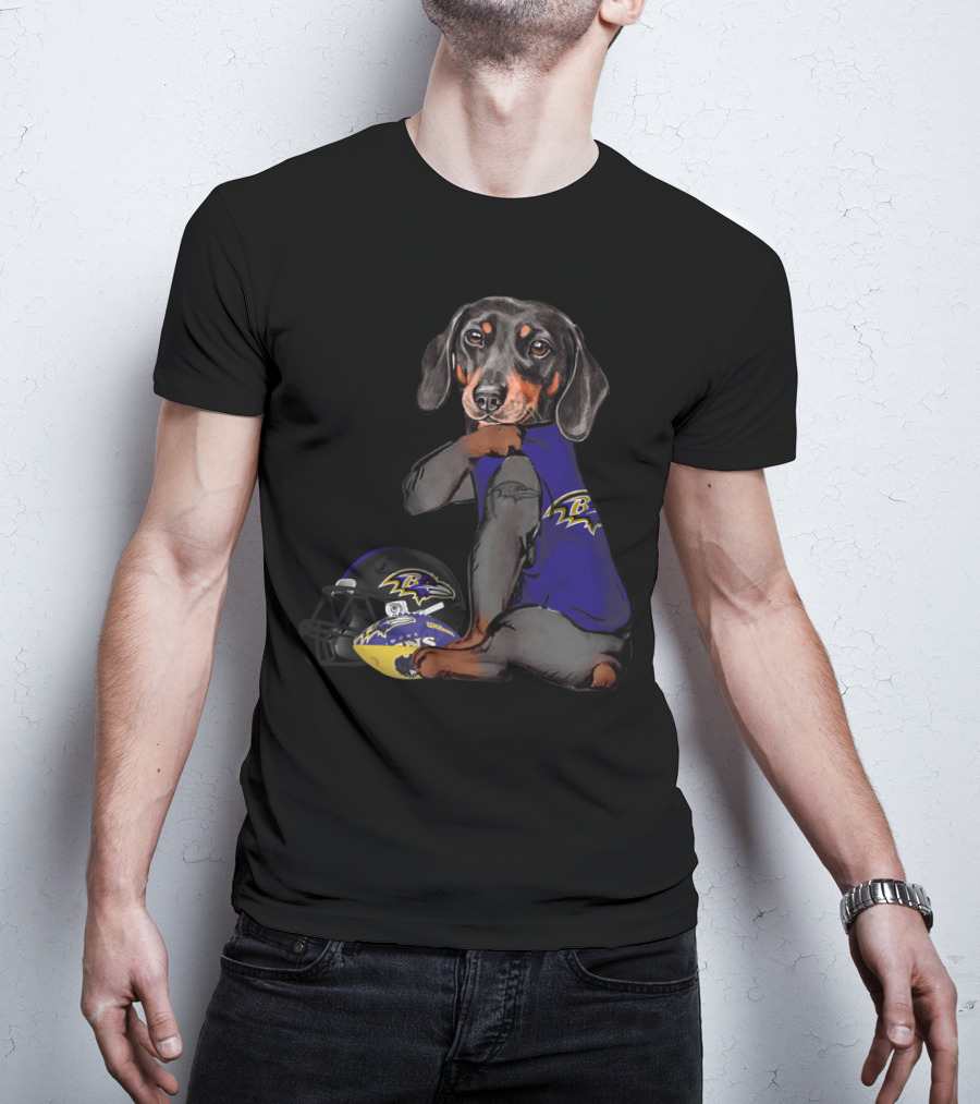 Baltimore Ravens Dachshund Wearing Team Jersey With Football Helmet T-Shirt