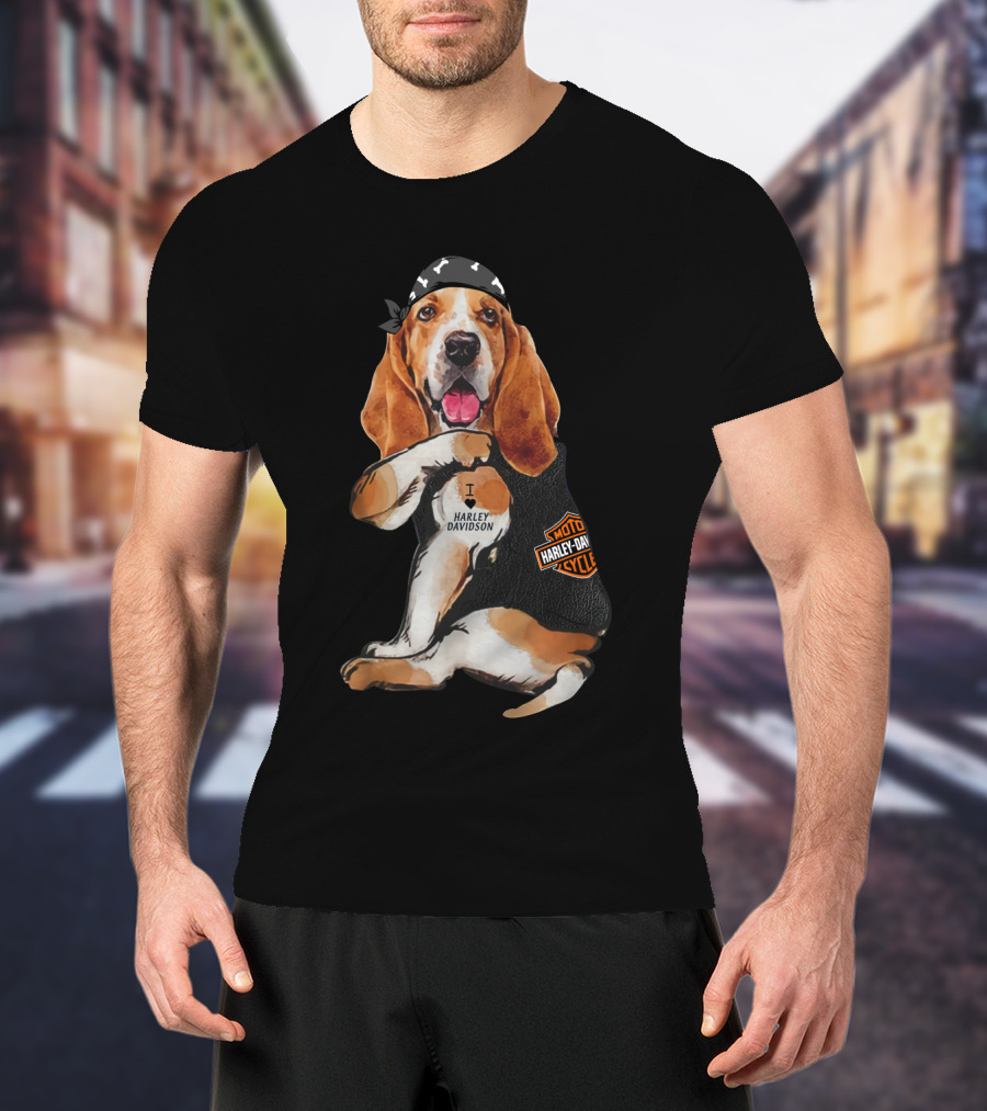 Basset Hound Harley Davidson Fan With Motorcycles Bandana T-Shirt