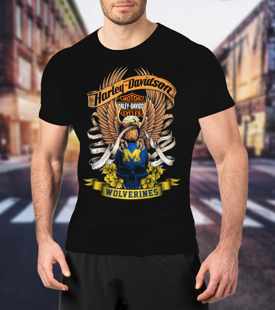 Harley Davidson Motor Cycles Wolverines 49Hd Eagle And Skull T-Shirt