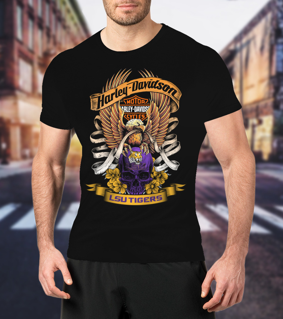 Harley Davidson Lsu Tigers Eagle Skull T-Shirt
