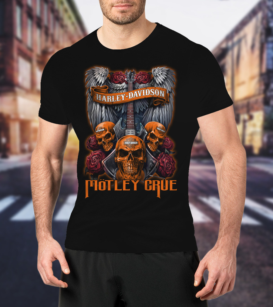 Mötley Crüe Harley Davidson Skulls And Guitar Wings Roses T-Shirt