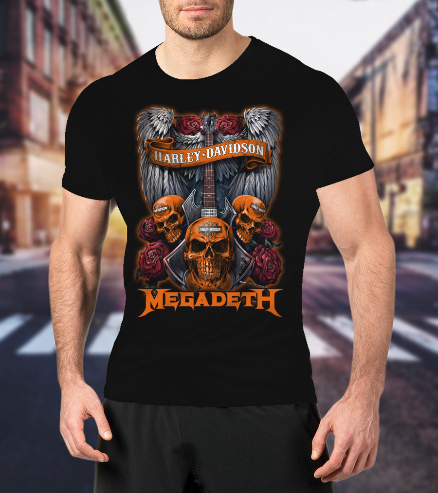 Megadeth Harley Davidson Skulls And Guitar Wings Roses T-Shirt