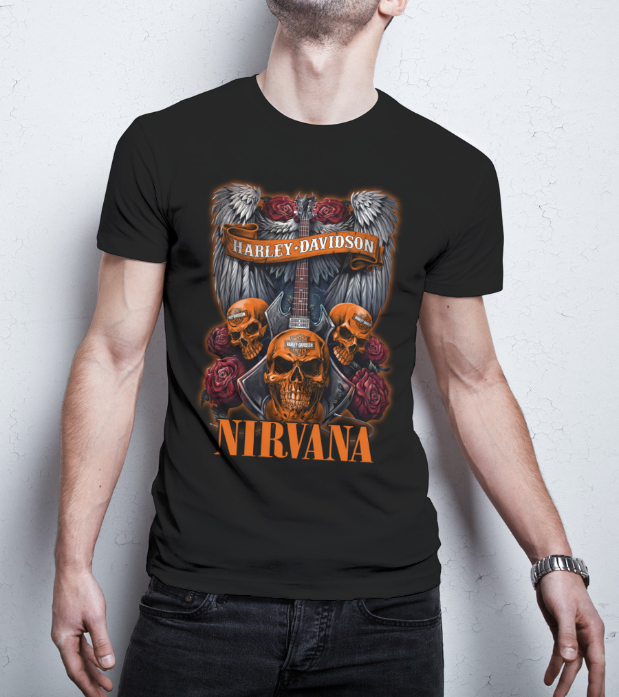 Nirvana Harley Davidson Skulls And Guitars With Wings And Roses T-Shirt