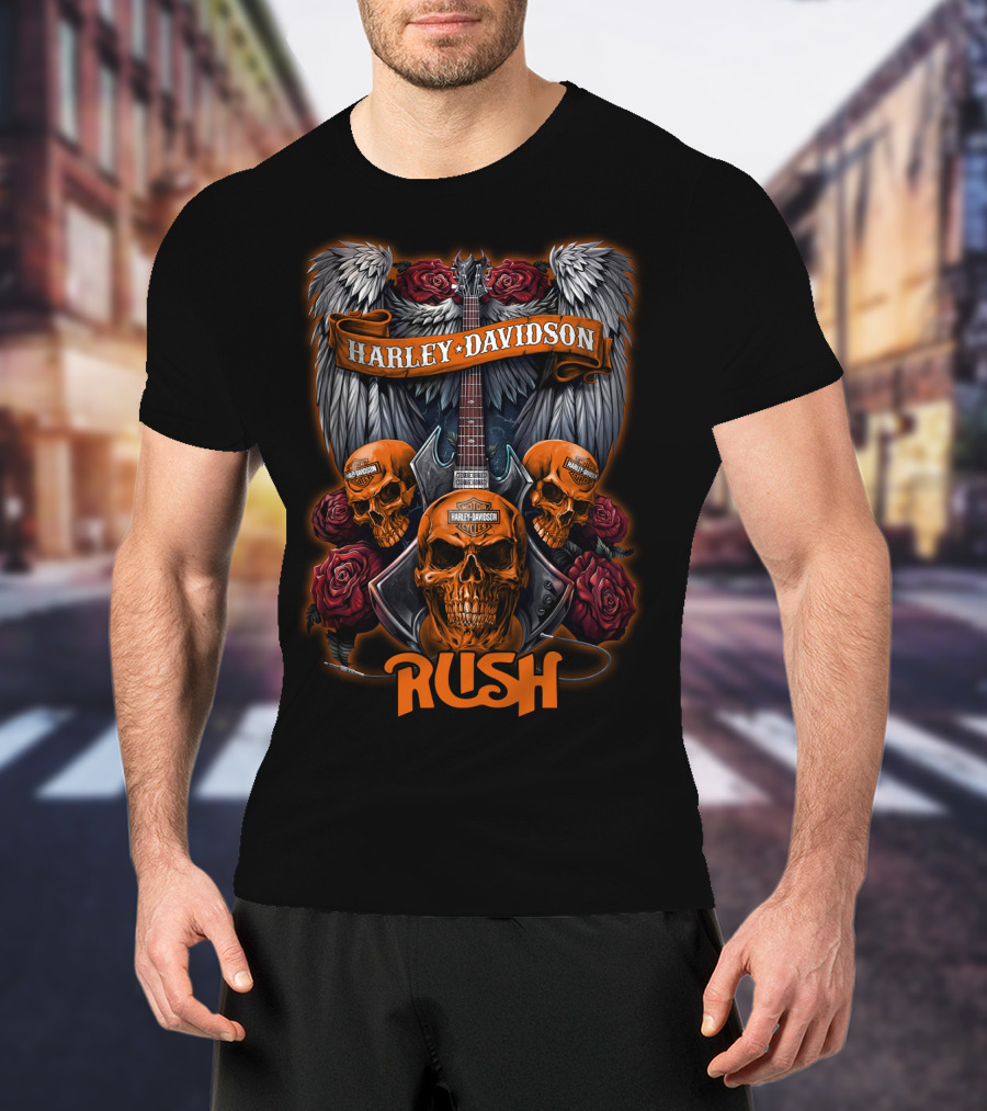 Harley Davidson Rush Skulls And Guitar With Wings And Roses T-Shirt