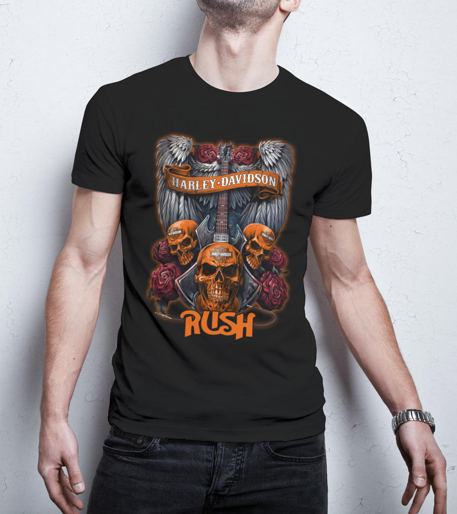 Harley Davidson Rush Skulls And Guitar With Wings And Roses T-Shirt